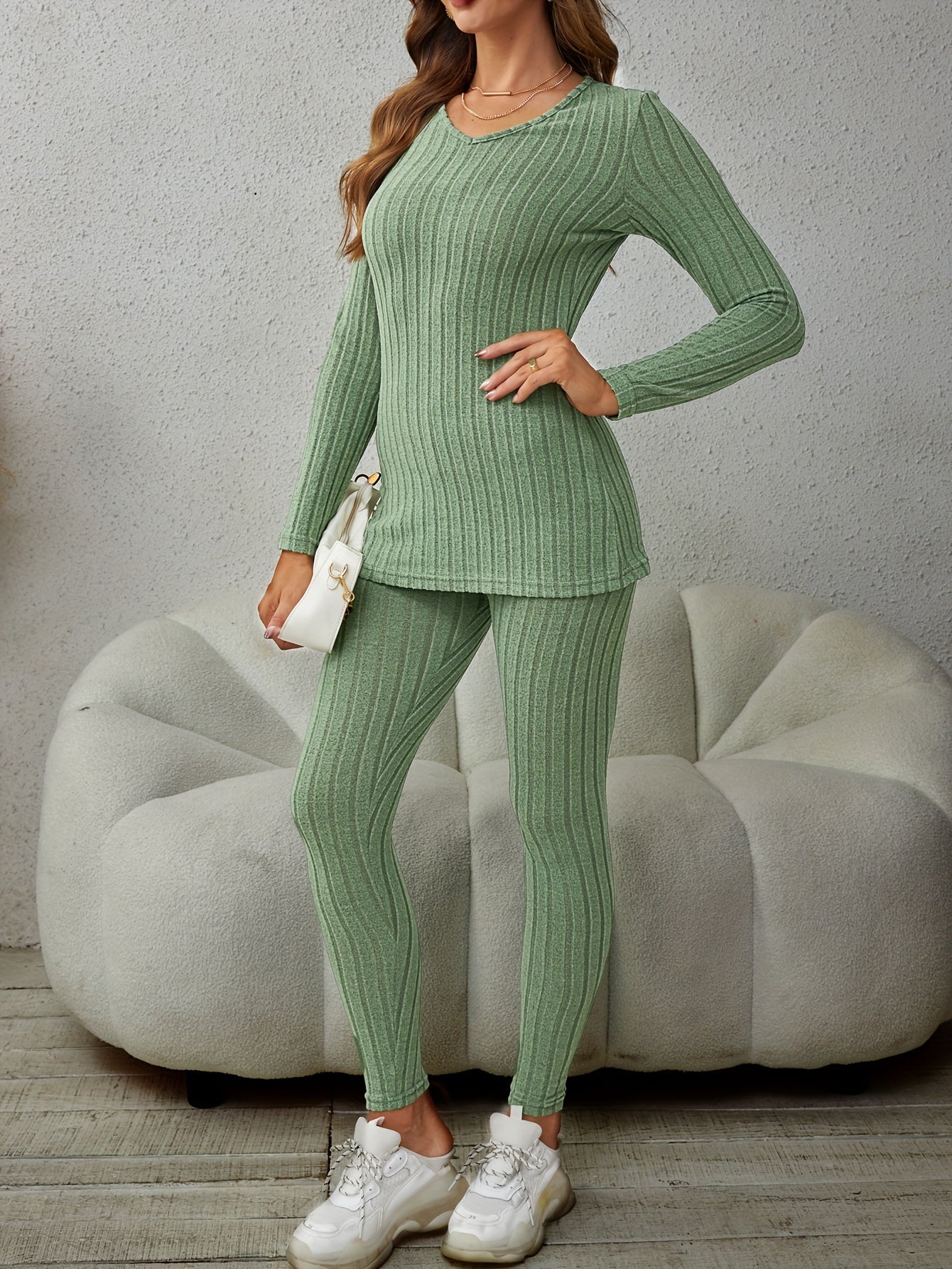 Miscozy's Ribbed Knit Two-Piece Set: Top & Pants Outfits